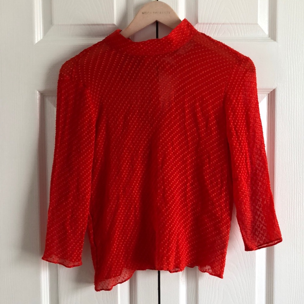 & other stories coral polka dot high neck blouse